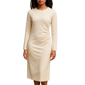 2/$30 Zara Long-Sleeve Draped Knit Bodycon Midi Knee Length Dress, Cream, Size S
